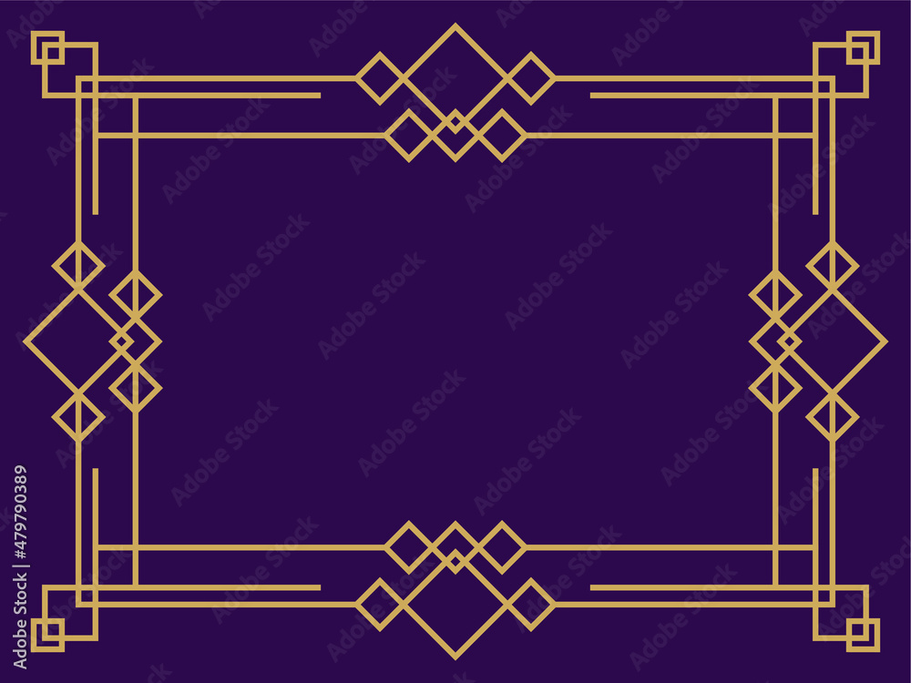 Frame in the style of art deco gold color on a purple background. Vintage linear border. Design a template for invitations, leaflets and greeting cards. Style of the 1920s - 1930s. Vector illustration Frame in the style of art deco gold color on a purple background. Vintage linear border. Design a template for invitations, leaflets and greeting cards. Style of the 1920s - 1930s. Vector illustration