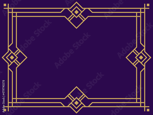 Frame in the style of art deco gold color on a purple background. Vintage linear border. Design a template for invitations, leaflets and greeting cards. Style of the 1920s - 1930s. Vector illustration
