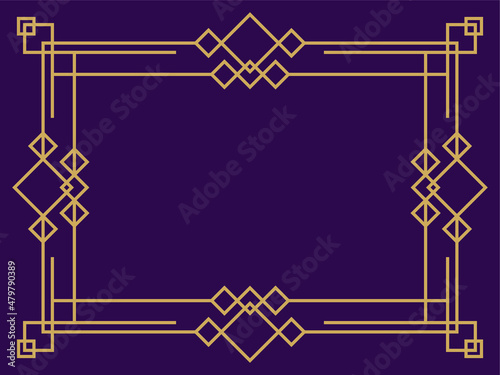 Frame in the style of art deco gold color on a purple background. Vintage linear border. Design a template for invitations, leaflets and greeting cards. Style of the 1920s - 1930s. Vector illustration