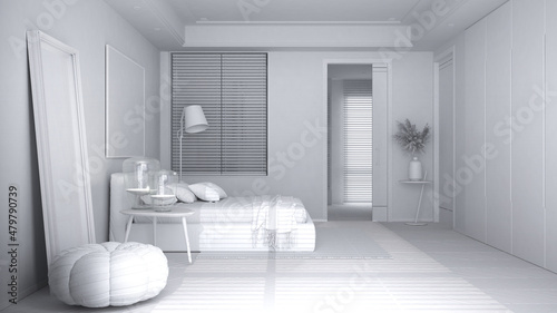 Total white project  modern bright minimalist bedroom  bed with pillows and blankets  parquet  bedside tables with lamps and door over bathroom  carpet  decors  interior design idea