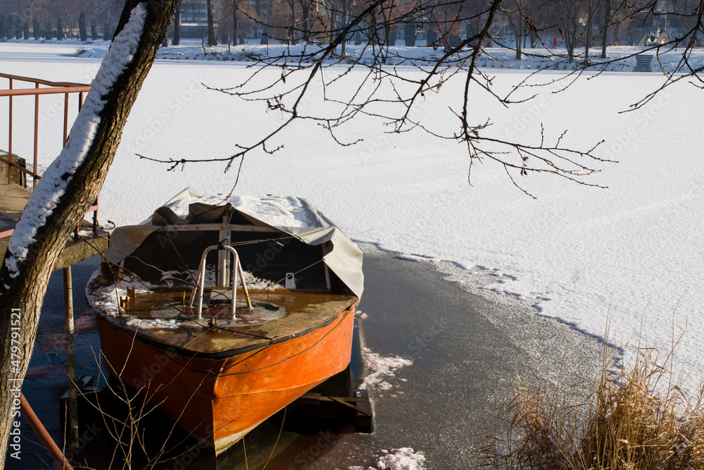 boat on a frozen pond
