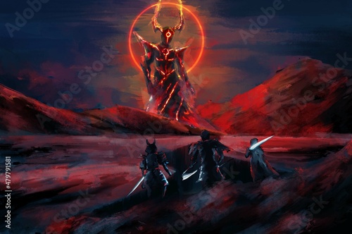 Obraz na plátně threes warrior standing confront demon,tale monster,creatures of myth and Legend, god ,digital art, Illustration painting