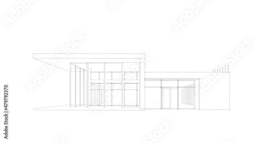 Modern flat roof house or commercial building in drawing style. Minimalist black linear sketch isolated on white background. 3d rendering
