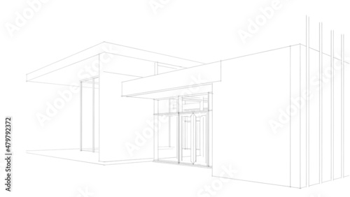Modern flat roof house or commercial building in drawing style. Minimalist black linear sketch isolated on white background. 3d rendering