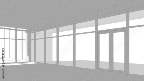 Modern flat roof house or commercial building in  drawing style. Minimalist black linear sketch isolated on white background. 3d rendering