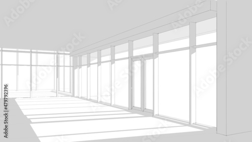 Modern flat roof house or commercial building in  drawing style. Minimalist black linear sketch isolated on white background. 3d rendering