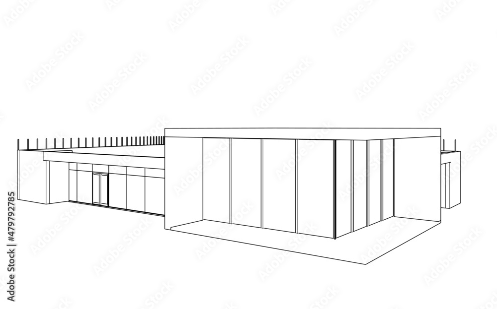 Modern flat roof house or commercial building in  drawing style. Minimalist black linear sketch isolated on white background. Vector illustration
