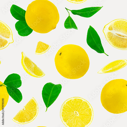 Seamless pattern Set of falling delicious lemons isolated on white background. Top view. Creative summer minimalistic background.