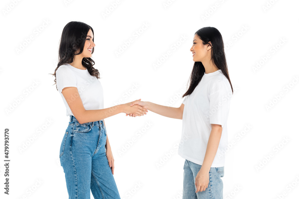happy brunette multiethnic women looking at each other and shaking hands isolated on white. happy brunette multiethnic women looking at each other and shaking hands isolated on white.