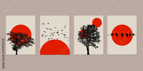 Abstract Sun Landscape Orange Art Wall Painting Posters and Prints Nordic Murals Vector art print.