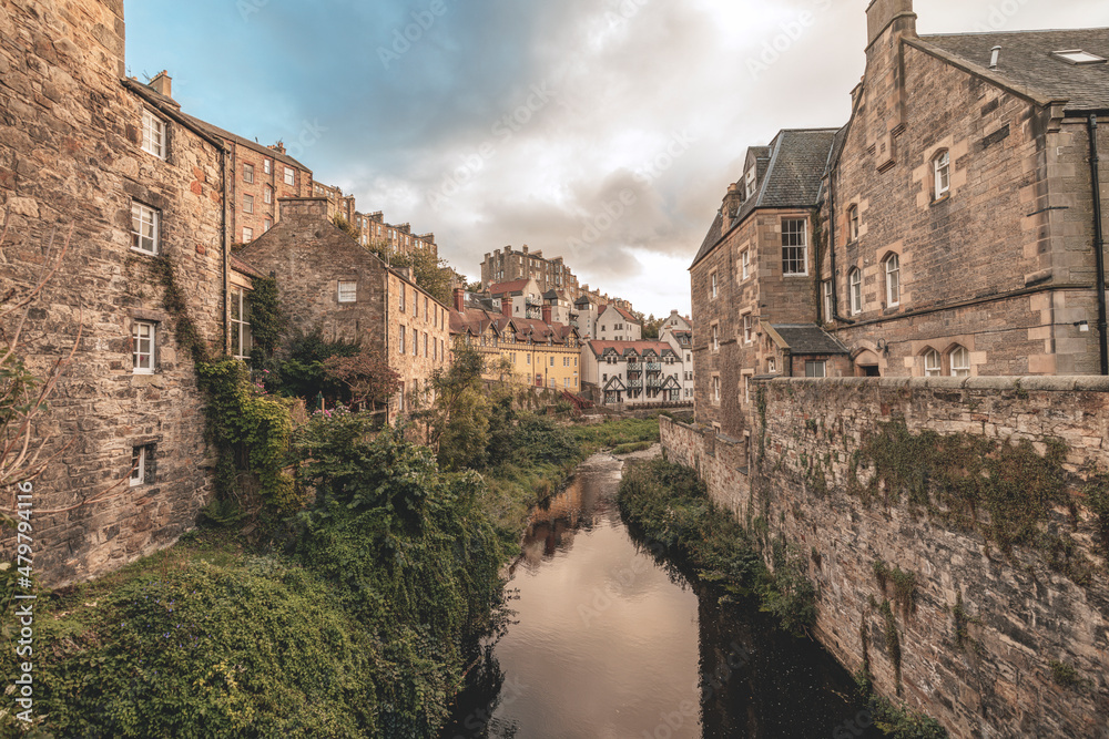 Water of Leith in the Dean Village, Edinburgh most iconic brick old buildings  where you can find a beautiful oasis site of water mills. Dean Village lovely picturesque, walking Water of Leith trail