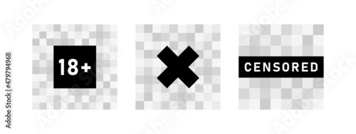 Set of pixel censored signs elements. Black censor bar concept. Blurred grey censorship background. Vector illustration