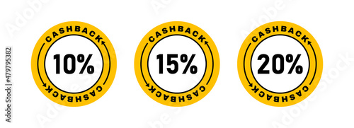 Cash back logo set. Different cashback 10, 15 and 20 percent. Financial services, cash back concept, money refund, investment, currency exchange. Vector illustration