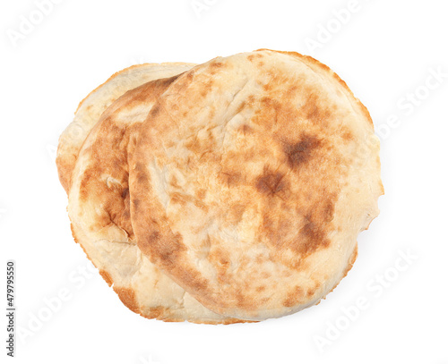 Loaves of delicious fresh pita bread on white background  top view