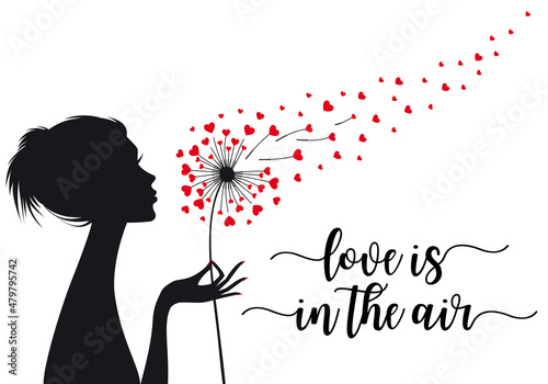 Woman holding dandelion with hearts, vector illustration