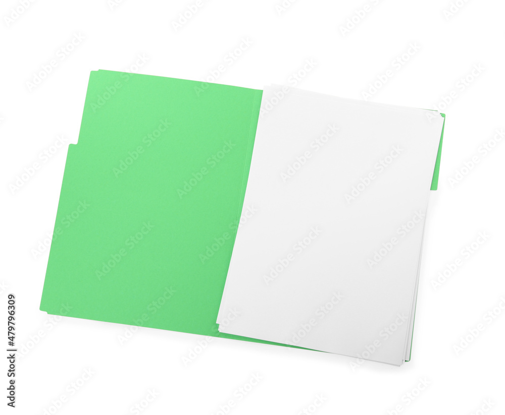 Light green file with blank sheets of paper on white background, top view. Space for design Light green file with blank sheets of paper on white background, top view. Space for design
