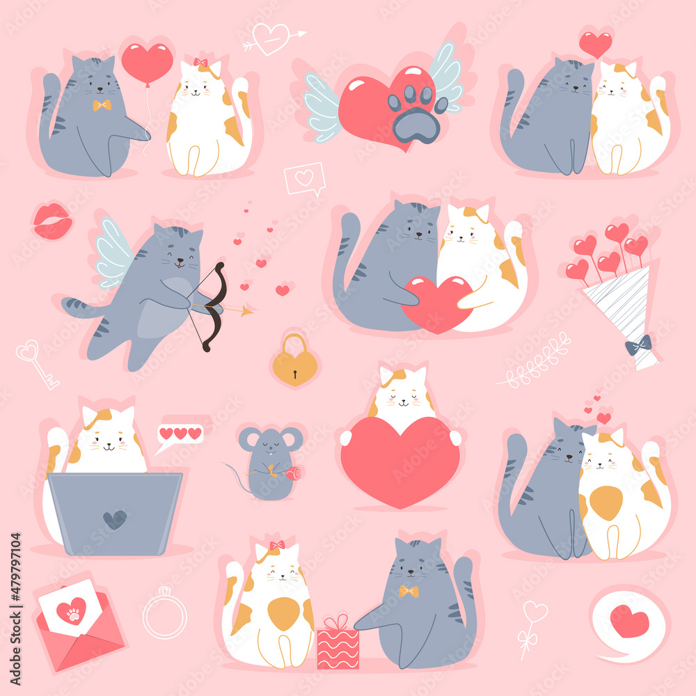 Set of Valentine's Day. Couple cats in love. Hearts, bouquet, mouse, gift and other cute items. Vector illustrations for valentine's day concept, greeting cards, stickers etc.