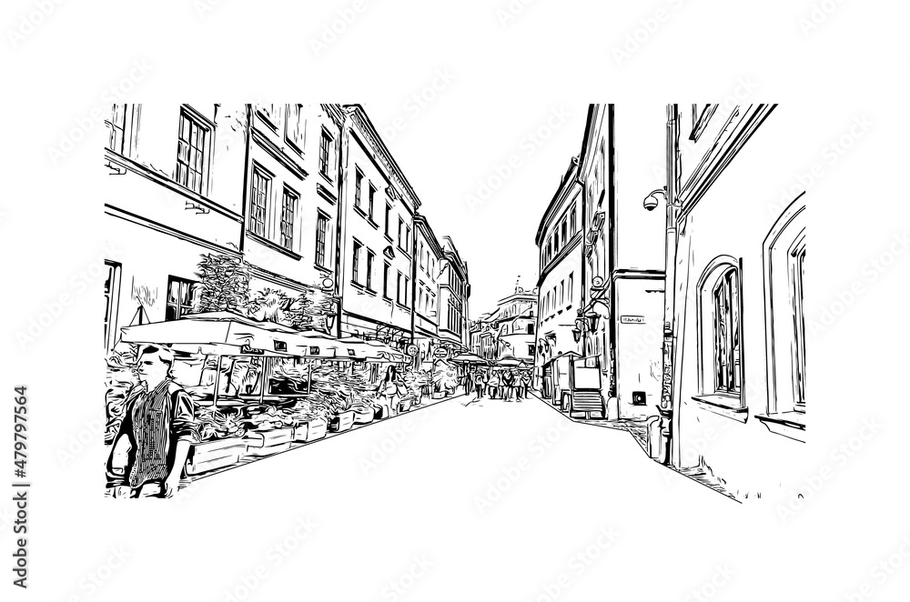 Building view with landmark of Lublin is the 
city in Poland. Hand drawn sketch illustration in vector.