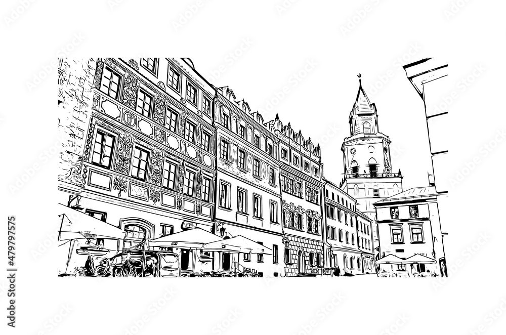 Building view with landmark of Lublin is the 
city in Poland. Hand drawn sketch illustration in vector.