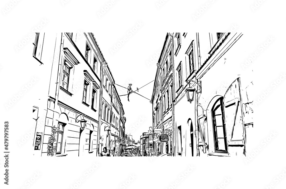 Building view with landmark of Lublin is the
city in Poland. Hand drawn sketch illustration in vector.