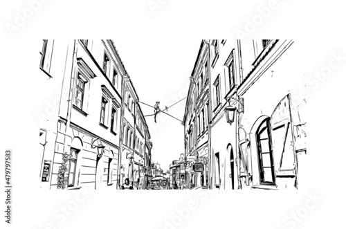 Building view with landmark of Lublin is the city in Poland. Hand drawn sketch illustration in vector.