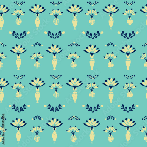 Abstract Flowers Vases Seamless Blue Pattern. Retro Style Background Design for Fashion, Wallpapers, Print, Textiles, Wrapping
