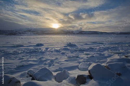 Sunset sun over the Sea of Okhotsk.