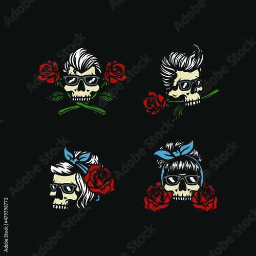 Set of Various Rockabilly Rose Skull Handmade Vector Illustration