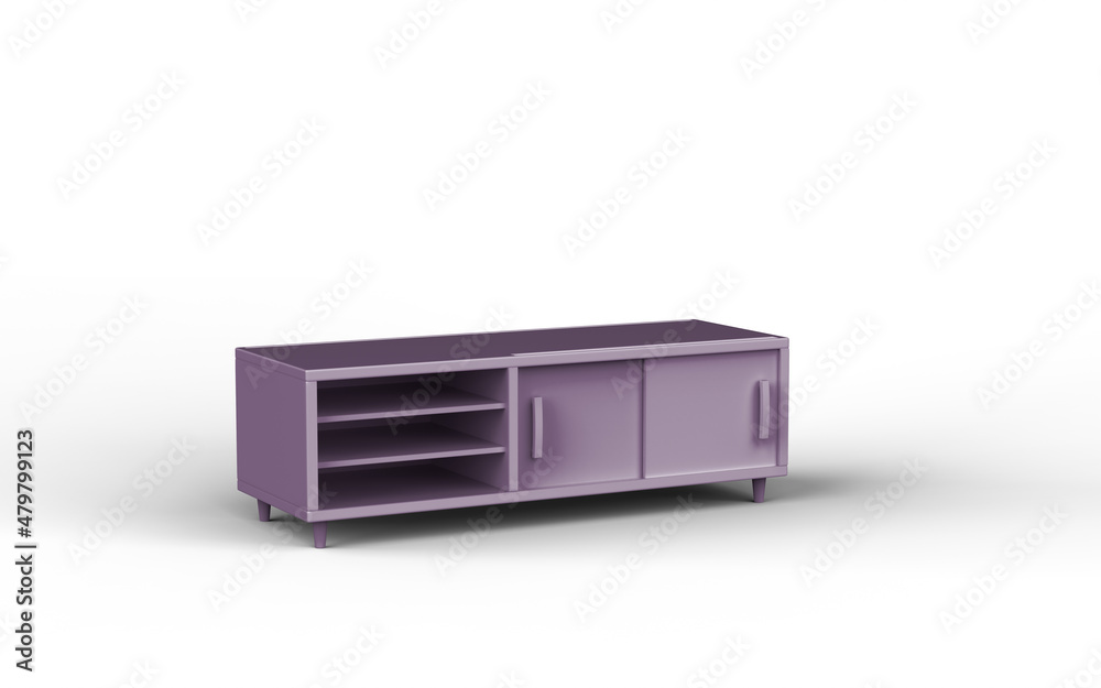 Purple sideboard. Shelf tv on white background. minimal concept idea. monochrome. 3d render. Purple sideboard. Shelf tv on white background. minimal concept idea. monochrome. 3d render.
