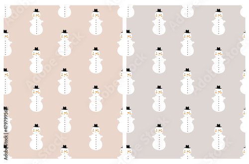 Cute Winter Holidays Seamless Vector Pattern with Funny Smiling Snowman Isolated on a Light Pink and Beige Background.Infantile Style Winter Season Print Ideal for Wrapping Paper,Christmas Decoration.