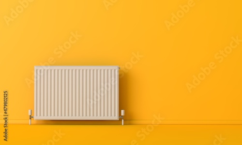 White heating radiator against a bright yellow wall. 3D Rendering photo