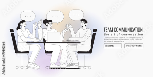 Productive business conversation between men and women. Art of corporate communication between coworkers, manager and team. Set of people talking or having lively discussion in office or meeting.