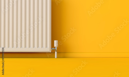 White heating radiator against a bright yellow wall. 3D Rendering