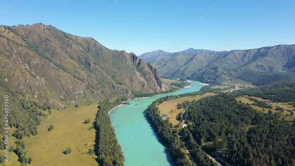 Aerial Flying Over River With Turquoise Water In Mountain Valley Aerial Flying Over River With Turquoise Water In Mountain Valley