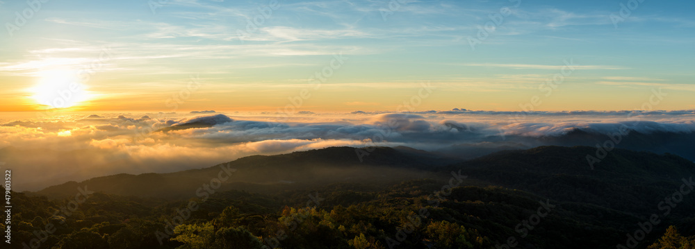 Panoramic of foggy at morning, Mountains top view of sunrise landscape in the rainforest.