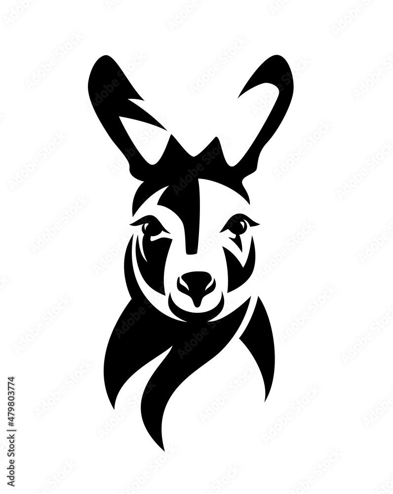 cute australian kangaroo head black and white vector outline front view portrait design