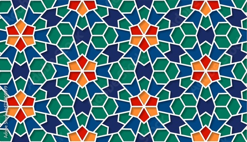 Arabic seamless girih pattern with classic islamic culture ornament. Colorful tiled background with shadow.