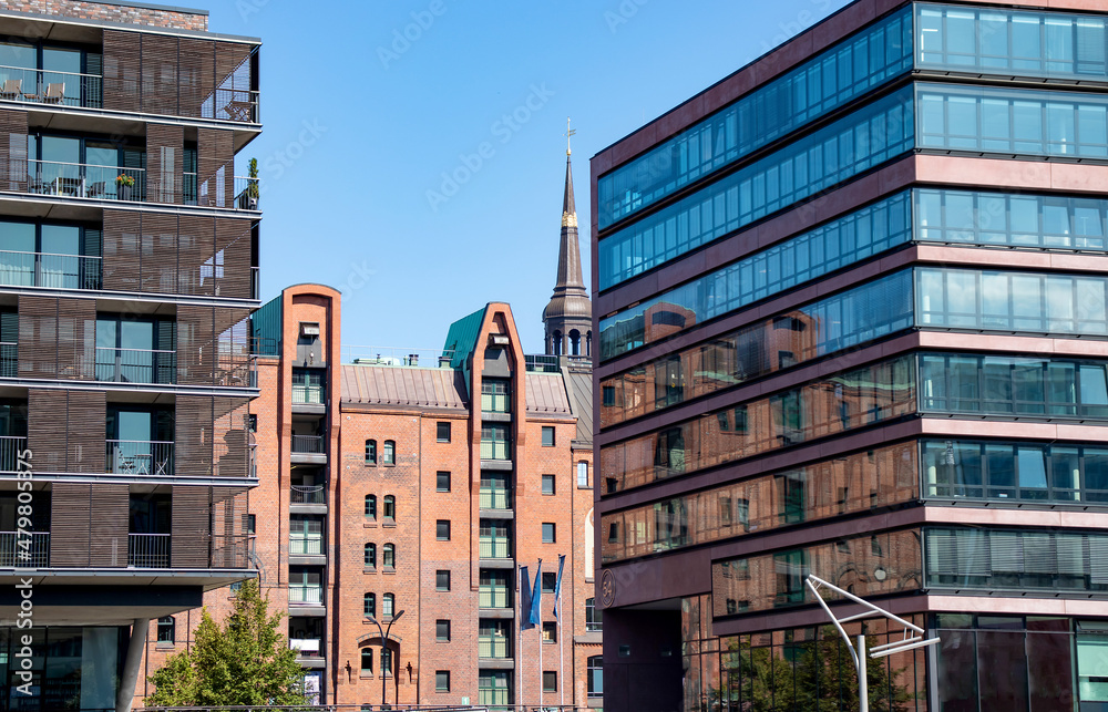 Classic view of famous Speicherstadt warehouse district. Scenic view of red brick building. Hafencity quarter in Hamburg, Germany. Old brick buildings.
