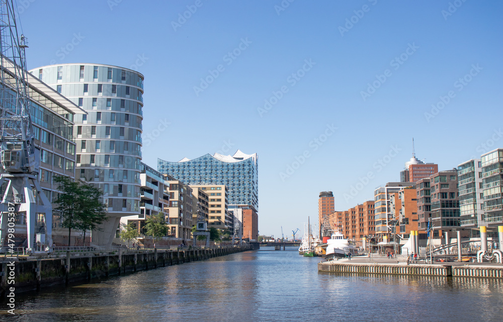 Panoramic view of Hamburg city with the Elbe river, Germany, Europe. Beautiful view of crowded Hamburg waterfront, tourist boats and ships.