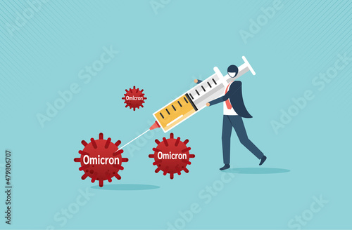 Defensive and fight to win Omicron virus, new COVID-19 variant and survive by vaccine treatment or medicine discovery to save people. vector cartoon design