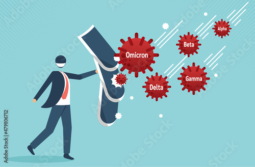 businessman leader full protective gear holding strong shield fight virus. Stop B.1.1.529 Omicron of covid 19 virus. New variant omicron outbreak from Africa and coronaviruses influenza background