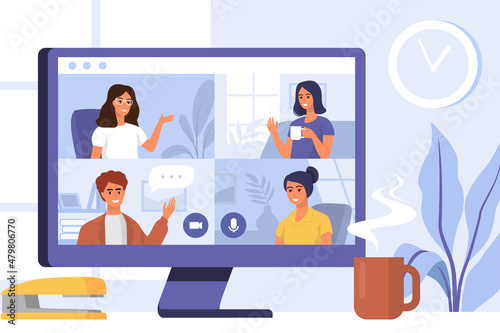 Online Meeting vector. Pc screen on table. Group of people friends online video conference call.