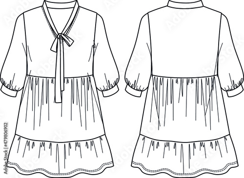 Dress with sleeves, dress CAD, dress style, apparel sketch, clothes for woman, clothes template