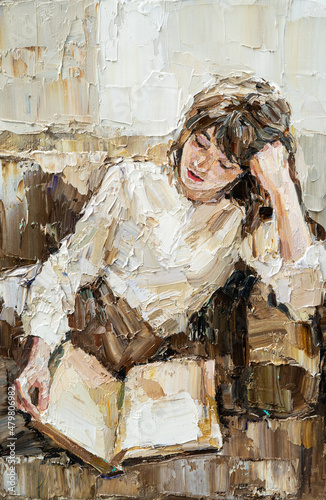 A young girl reads an interesting book on a light warm background. Oil painting on canvas.