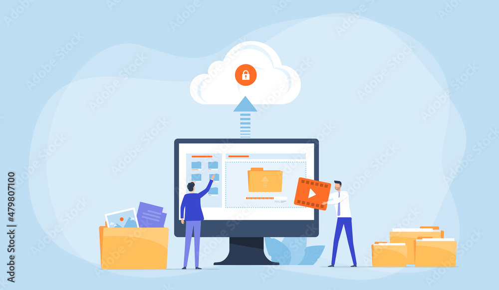 Business Flat vector design technology file upload backup on cloud server storage concept. team administrator and developer working with computer monitor. Illustration cartoon character design