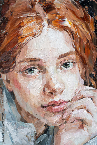 Fototapeta Naklejka Na Ścianę i Meble -  A fragment of a painting depicting a young girl. Green-eyed girl on a brown background. Oil painting on canvas.