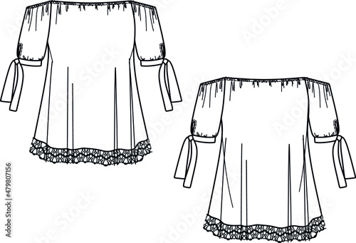 Vector off-shoulder dress fashion CAD, woman mini dress with balloon sleeves technical drawing, a-line short sleeved dress sketch, template, flat. Jersey or woven fabric dress with front, back view
