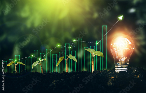 Light bulb is located on the soil, and plant are growing with growth graph.Renewable energy generation is essential in the future. Alternative sources of energy.Green energy development.