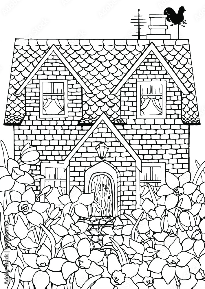 Coloring book for adults with a brick house and daffodils flowers