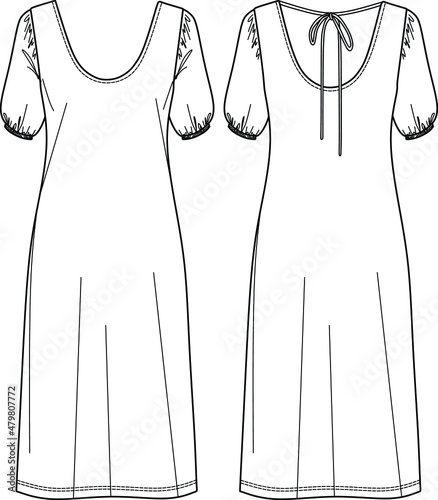Vector midi dress technical drawing, woman round neck dress fashion CAD, short sleeved dress sketch, template